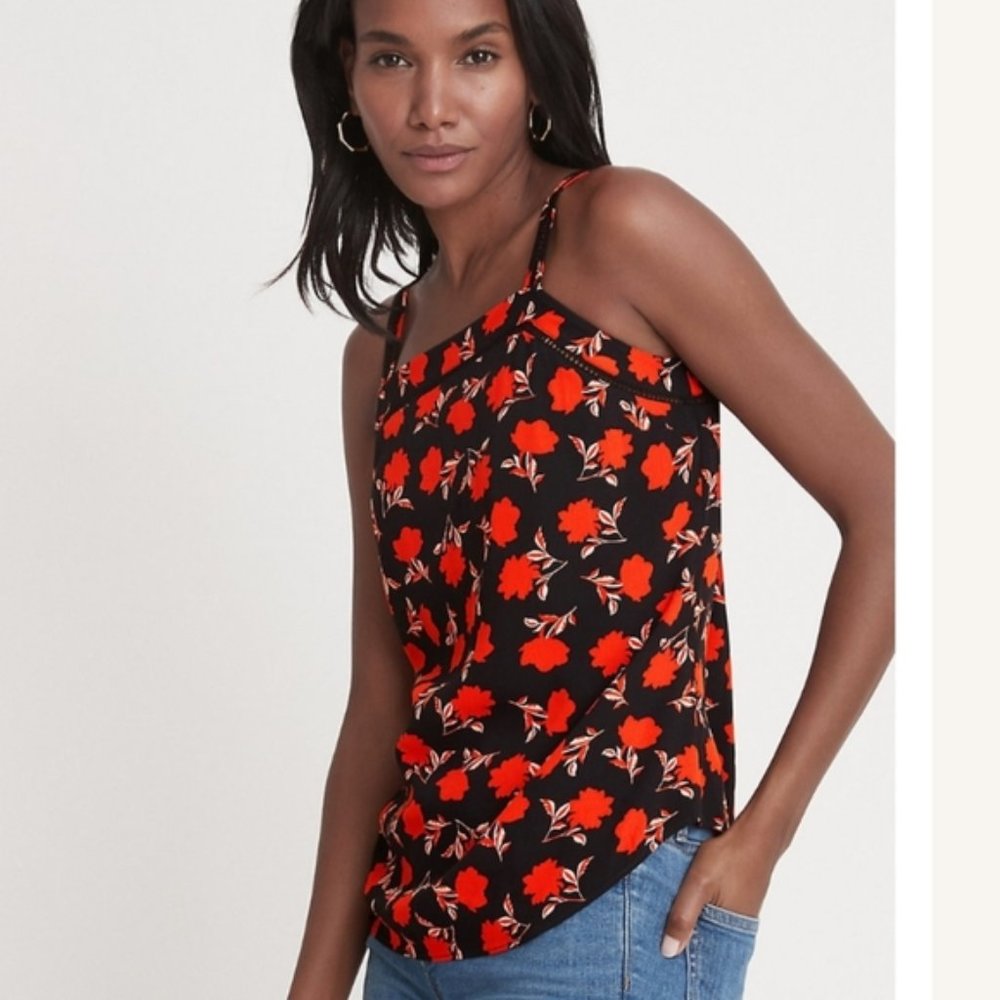 NWT Ann Taylor Black Red White Floral Printed Tank Top Square Neck Womens XS